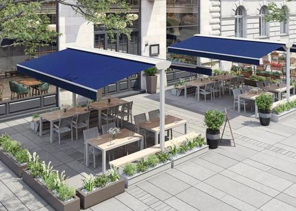 Soluna Standmarkise Duo 300x500 cm Gestellfarbe RAL 9010 reinweiß Stoffdessin 6022 inkl. 8x Holzbohlen für Sitzbänke unb