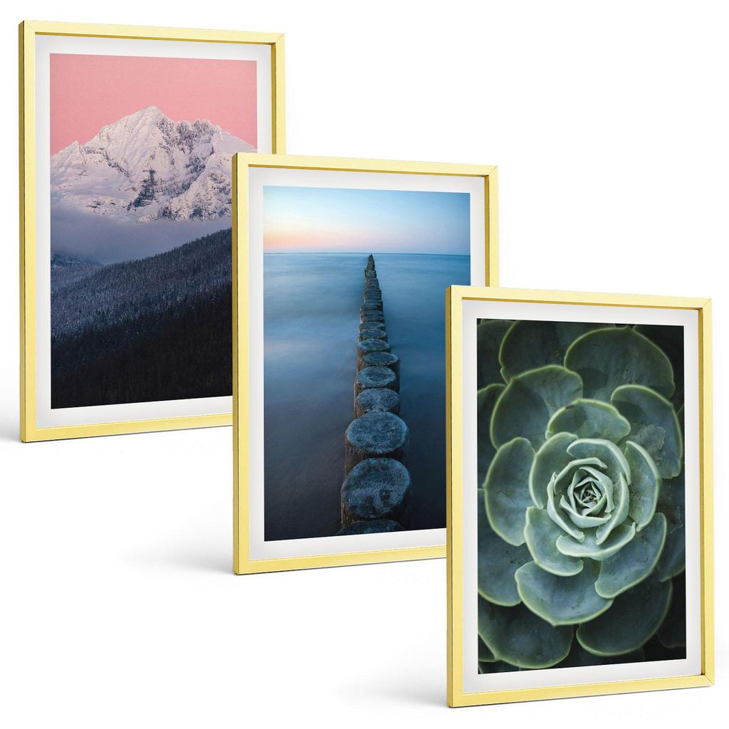 Bilder Set 3-teilig im Goldrahmen Rahmen – Wandbilder 3 Stück – gerahmte Poster für Wohnzimmer, Schlafzimmer und Flur – 40x60 cm – Berge,...