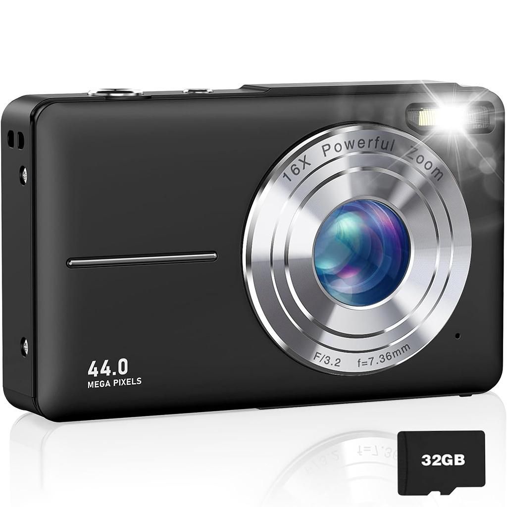 AIORBER Digitalkamera 44MP mit 16X Zoom, 2,4" Display, Anti-Shake, Selfie, Video, 32GB Speicherkarte, Kompaktkamera für Kinder, Schwarz
