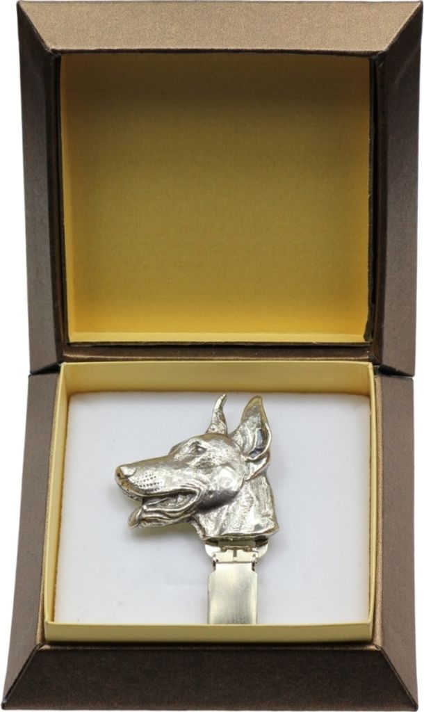 Dobermann - Brosche mit Clip, Startnummernhalter, versilberte Anstecknadel für Hundeausstellungen der Marke Art-Dog