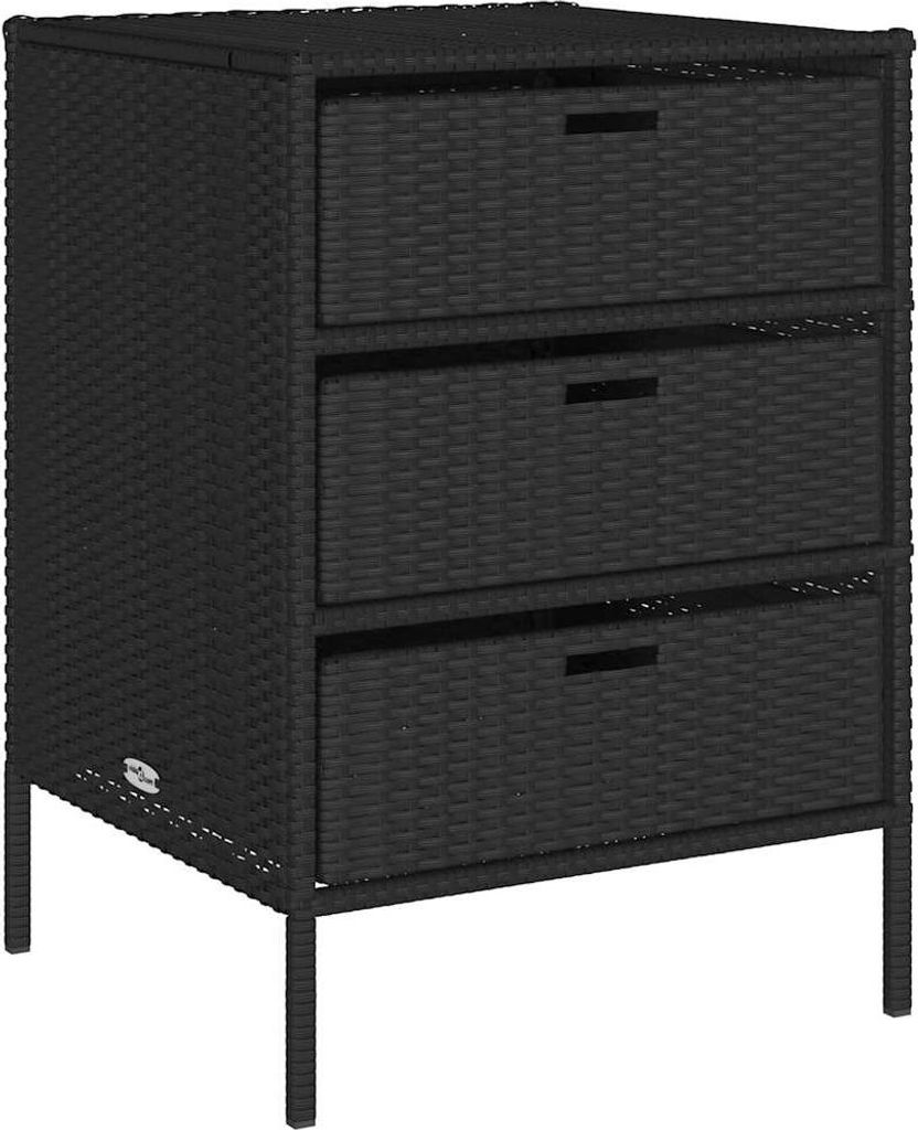 A black poly rattan cabinet with three drawers on a white background.