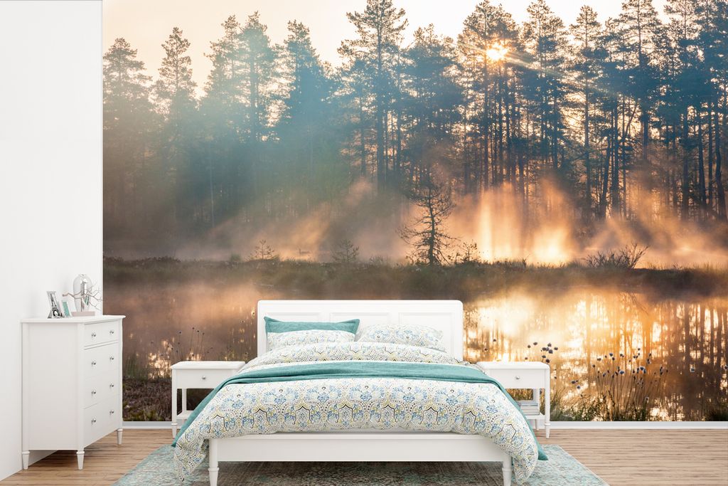 MuchoWow Fototapete für Wohnzimmer oder Schlafzimmer Wandtapete Vinyl Motivtapete See - Sonne - Baum - 420x280 cm - Zimmer für Kinder