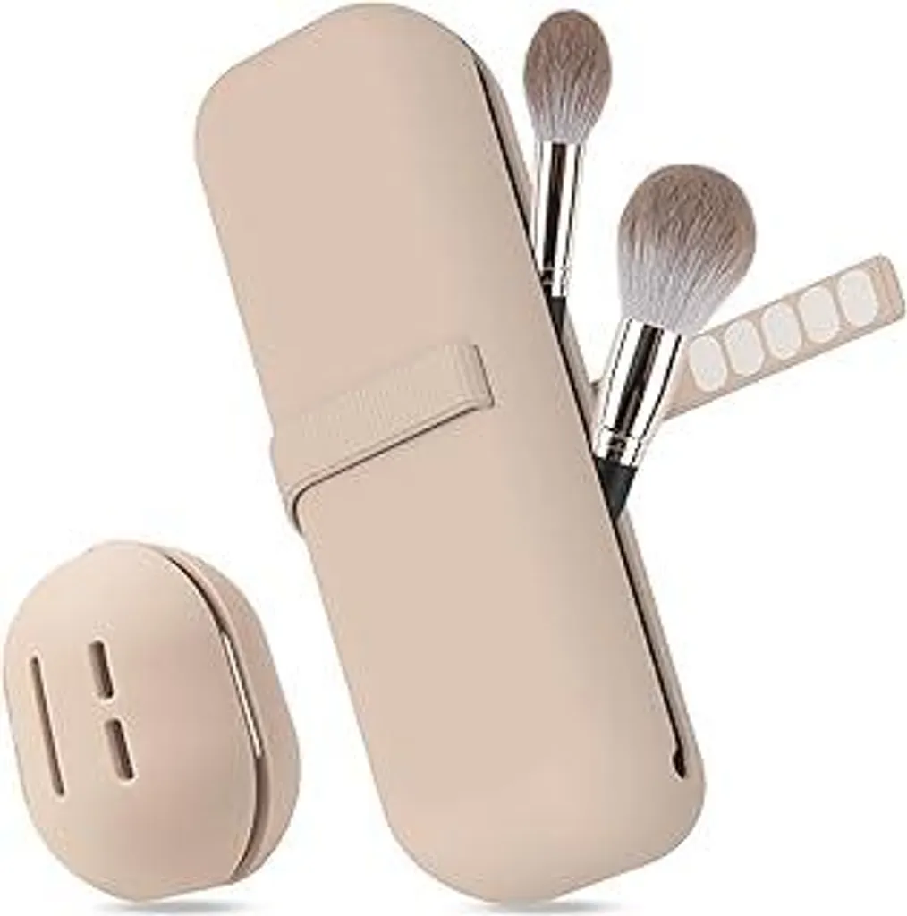 Travel Essentials Borsa per trucchi in silicone, 1 pz. porta pennelli per trucchi e 1 pz. custodia per beauty blender, facile da pulire, morbida e portatile, per viaggi (kaki)