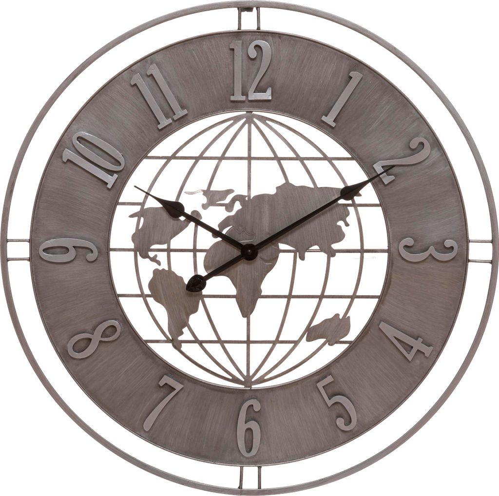 A close-up studio shot of a wall clock with a globe design.