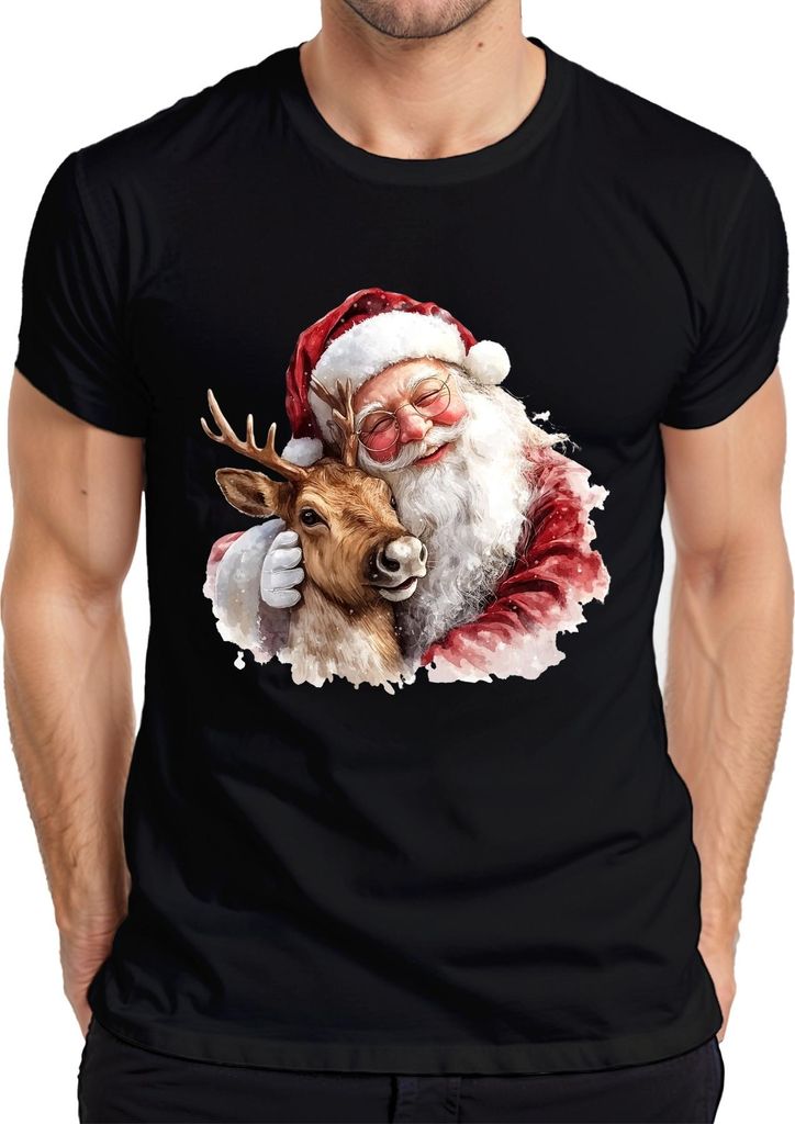Weihnachtsmann mit Rentier Umarmung Weihnachten Aquarell Vintage Herren T-Shirt, Schwarz, XL