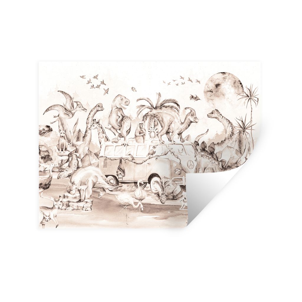 MuchoWow Wandtattoo Wandsticker Wandaufkleber Dinosaurier - Bus - Kinder - Tiere - Bäume 160x120 cm Selbstklebend und Repositionierbar - Selbstk...