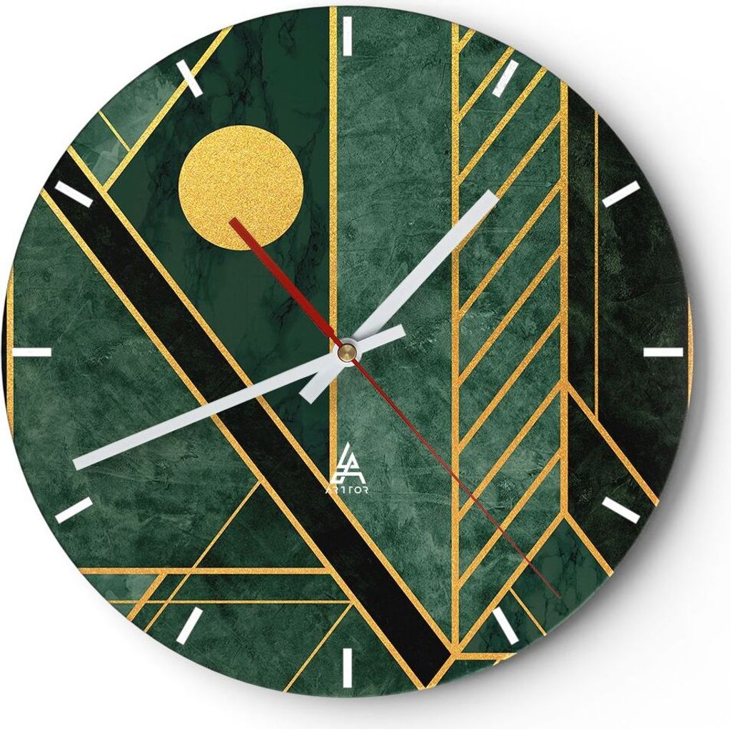 Wanduhr - Rund - Glasuhr - Grün Stück geometrisch - 30x30cm - Schleichendes Uhrwerk - Lautlos - zum Aufhängen bereit - Dekoration Modern - Wandd...