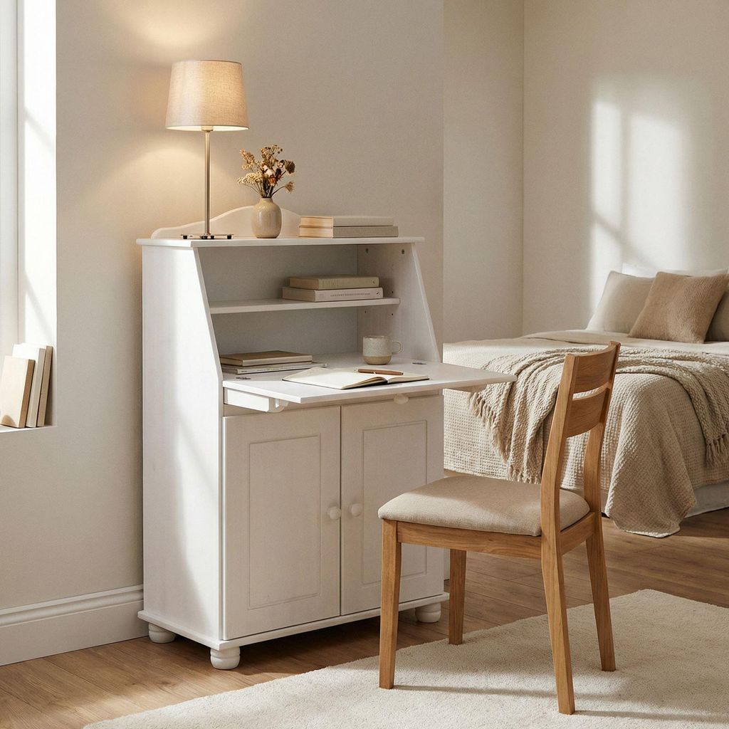 Sekretär DAVID aus Kiefer Massivholz, Weiß - Klappensekretär mit aufklappbarer Arbeitsfläche, Schreibtisch mit Stauraum für Büro oder Wohnzim...