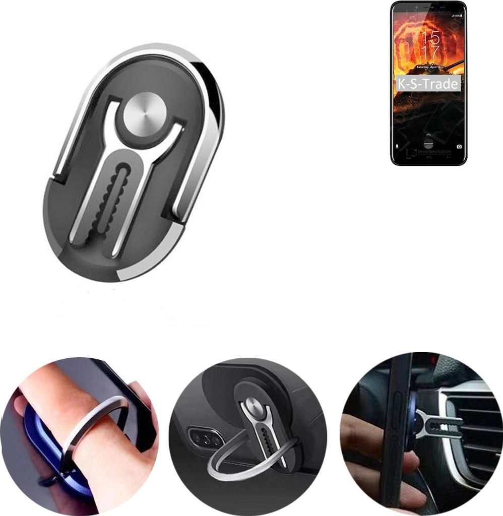 K-S-Trade 3in1 Smartphone-Ring Handy-Ring kompatibel mit HomTom S99 Fingerhalterung Handyring Tischständer Lüftungsgitter-Halterung Tisch Ständer