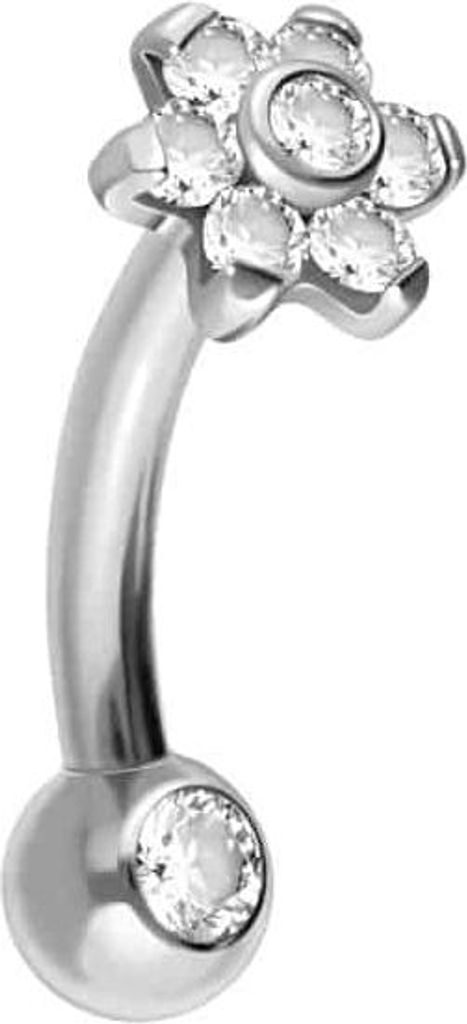 Bauchnabel-Piercing, Rook Piercing Titan Banane mit Push Fit BLUME MIT 7 KRISTALLEN + KRISTALLKUGEL Silber Stablänge: 6mm | Discgröße: 4mm