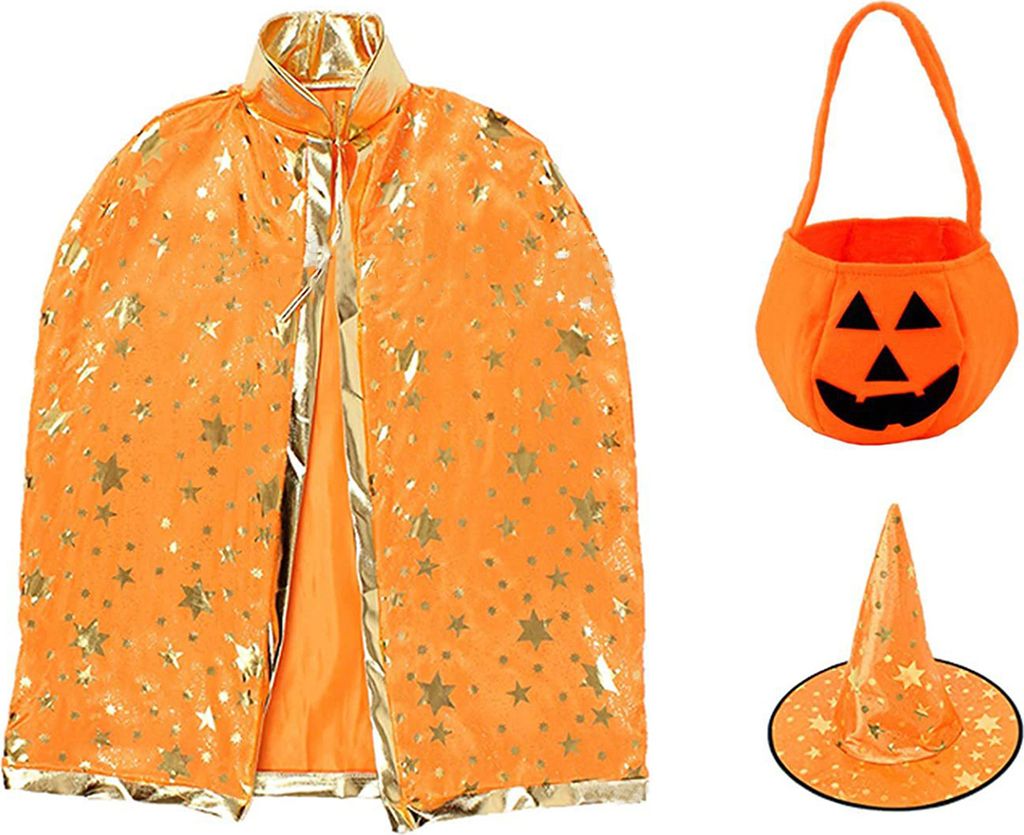 Hexenkostüm für Kinder, einzigartiges Anime-Cosplay-Umhang-Hut-Set, funkelndes Pentagramm-Design mit Kürbistasche, Halloween-Partyzubehör