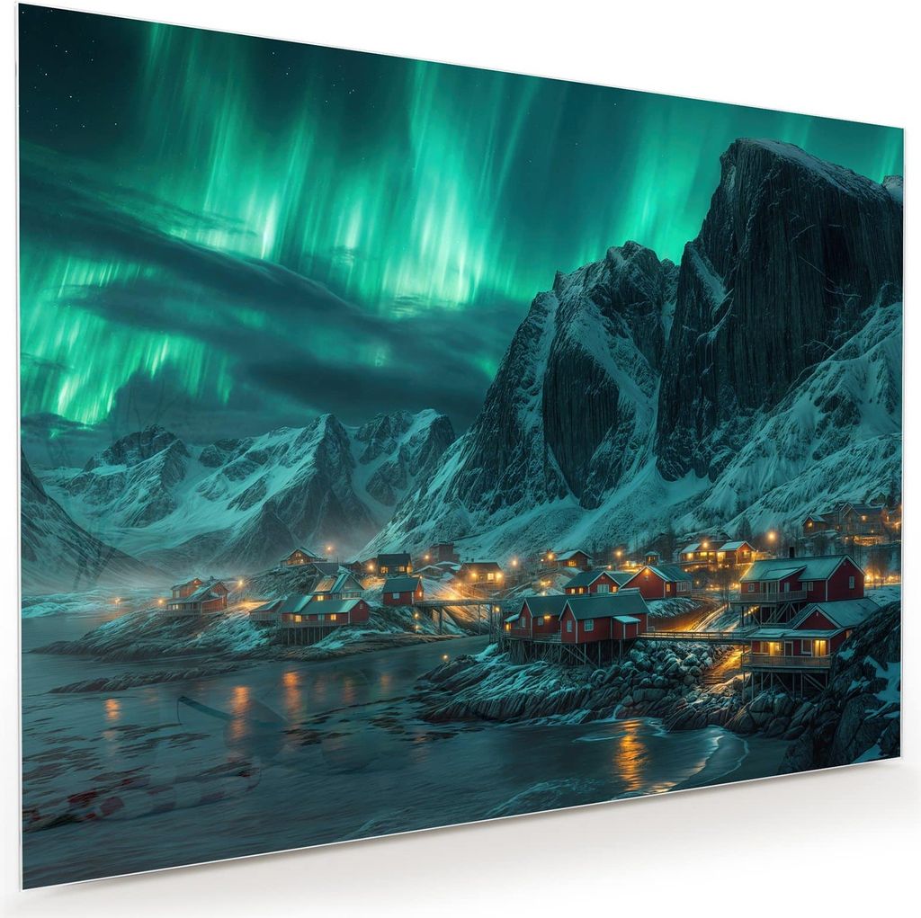 Glasbild 120x90cm in XXL für Wohnzimmer, Schlafzimmer Motiv Nordlichter über Fjord