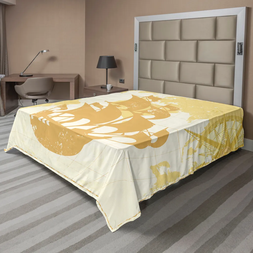 Drap de lit décoratif doux motif carte ancienne et voilier 244x205 cm