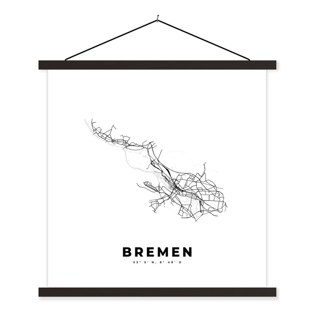 MuchoWow Textilposter Stadtplan - Deutschland - Schwarz-weiß - Bremen - Karte 40x40 cm mit schwarzem Rahmen - Fotos