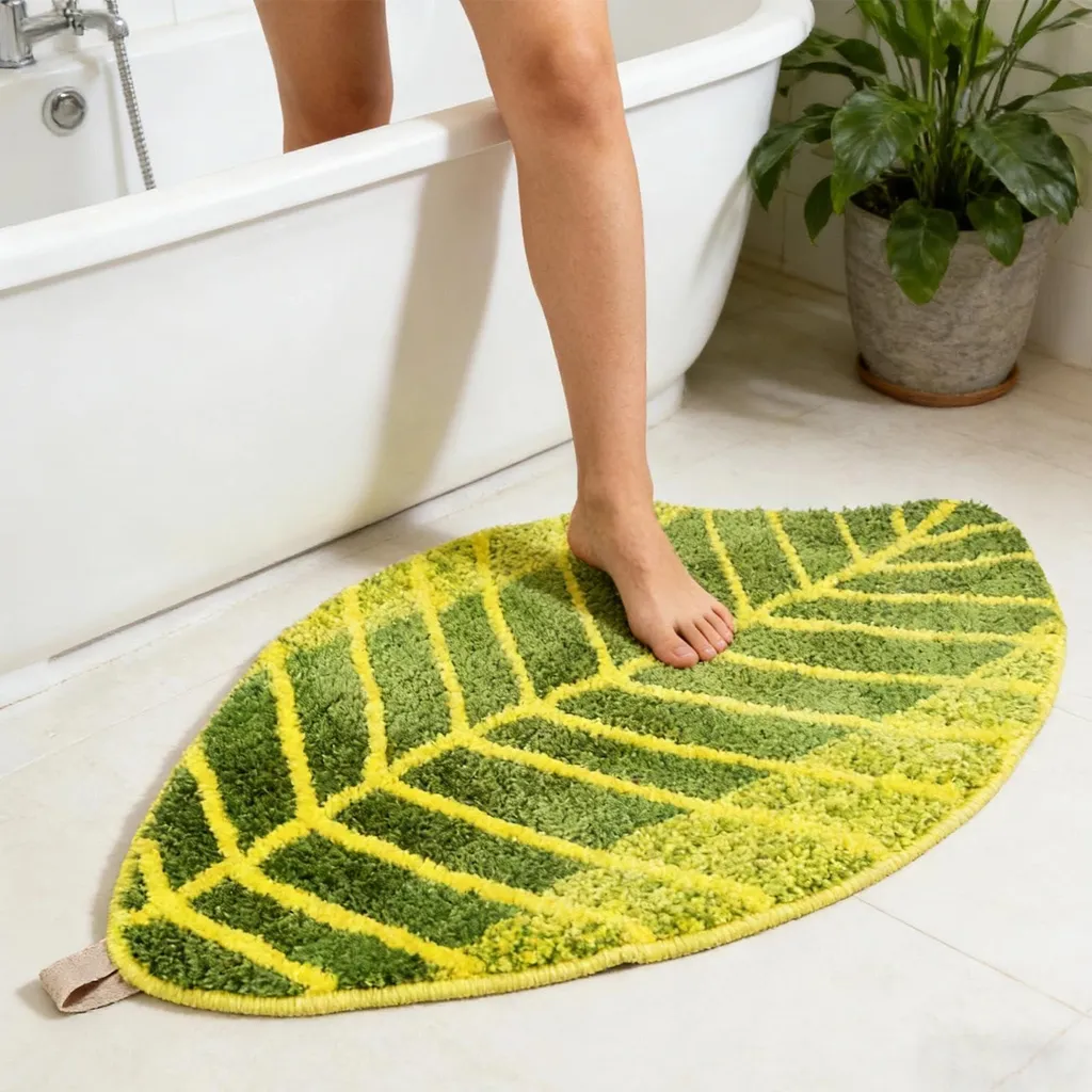 Tapis de douche rectangulaire motif feuillage vert pour salle de bain