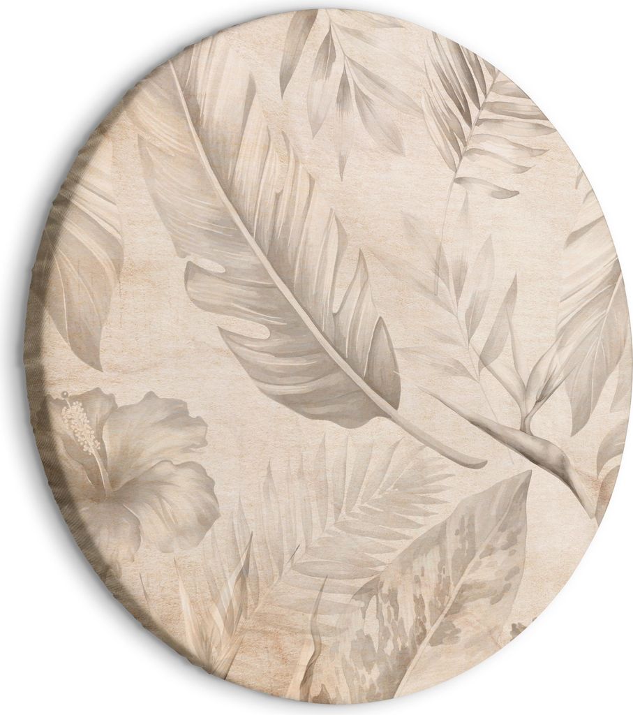 Italienischer Leinwand Rundes Bild - A multitude of exotic leaves and flowers - A subtle composition of tropical plant species maintained in sepia ...