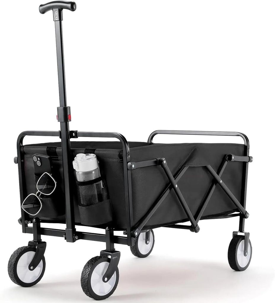 Faltbarer Camping Bollerwagen - Klappbarer Strand Handwagen mit 360° Rädern - Transportwagen mit Zuggriff - 60 kg Traglast - Schwarz