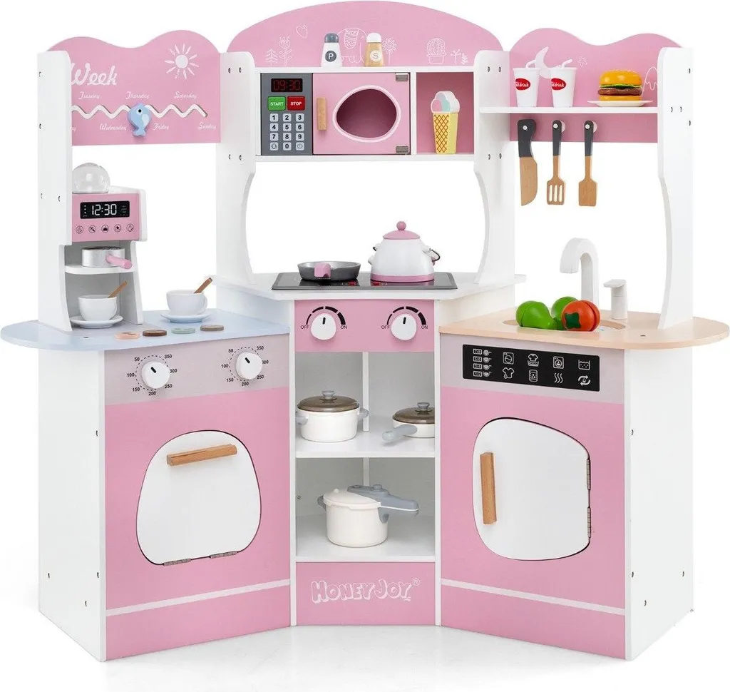 Jeu de cuisine enfant en bois rose XL avec machine à café et toboggan