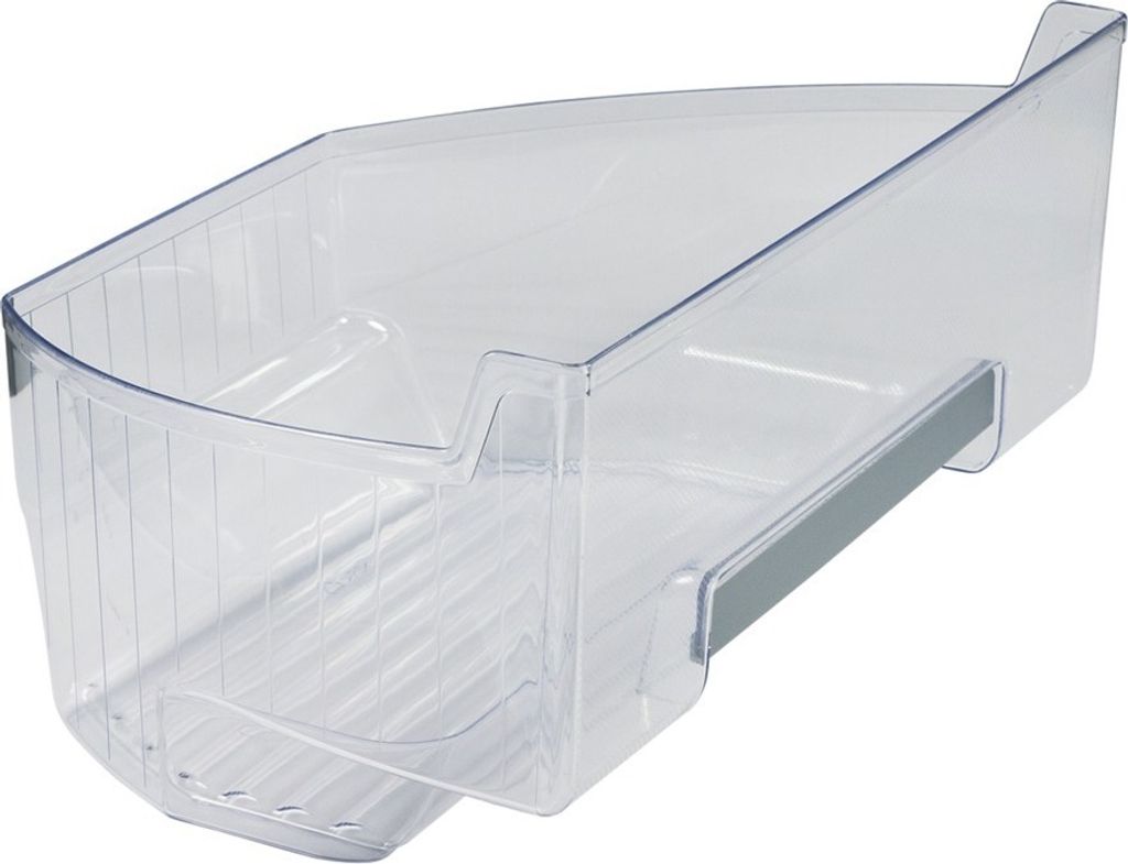 A clear plastic refrigerator drawer with a gray handle.