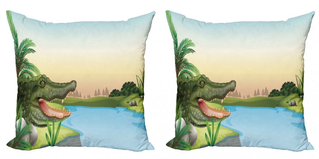 ABAKUHAUS Reptil Kissenbezug Set (2Stück), Illustration Des Exotischen Krokodils In Dem Fluss Mit Palme Spaß hat Sommer Design, 60x60cm, Grün blau
