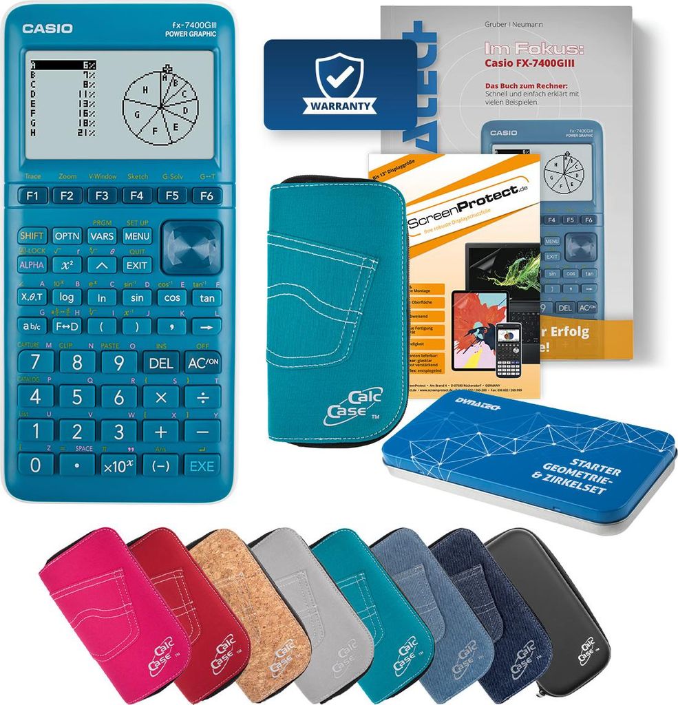 Casio FX-7400 G III Taschenrechner mit Tasche türkis, Folie, Fachbuch, Zirkel Set
