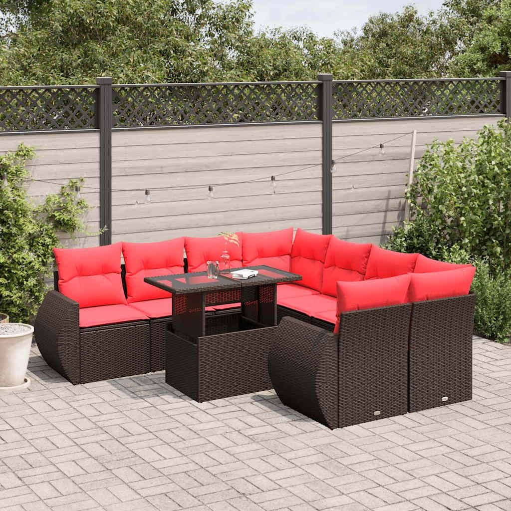 Maison Exclusive - 9-teiliges Gartensofa-Set mit Kissen, braun, Polyrattan