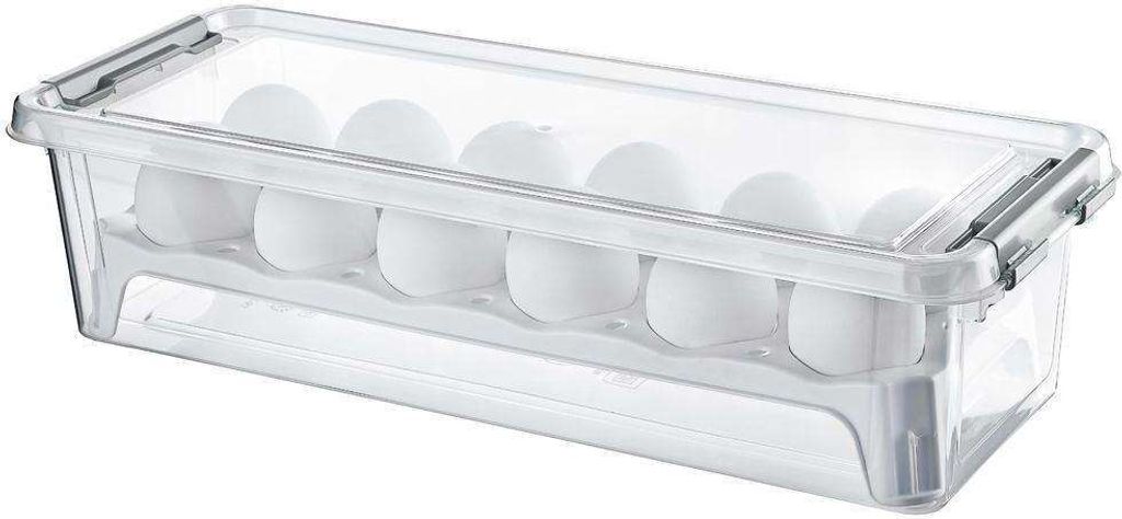 A clear plastic egg holder filled with white eggs, presented on a white background.