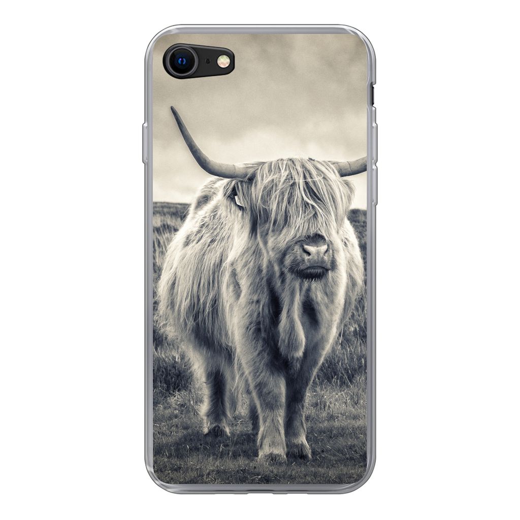 MuchoWow Handyhülle Schutzhülle Hülle für iPhone SE 2022 Schottischer Hochländer - Tiere - Wolken - Kuh - Natur Silikon Softcase Handy Hüll...