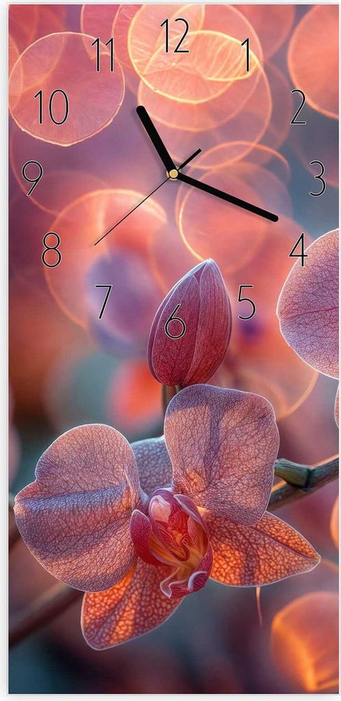 Wanduhr aus Glas mit Motiv Orchidee Bokeh- 30 x 60 cm - inkl. Aufhängesystem