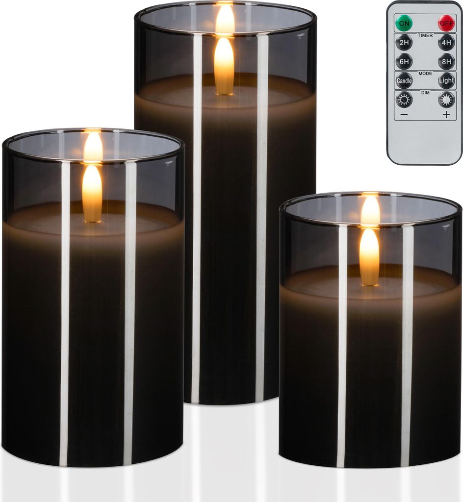 Relaxdays LED Kerzen im Glas, 3er Set, Fernbedienung, Timer Produktbild 
