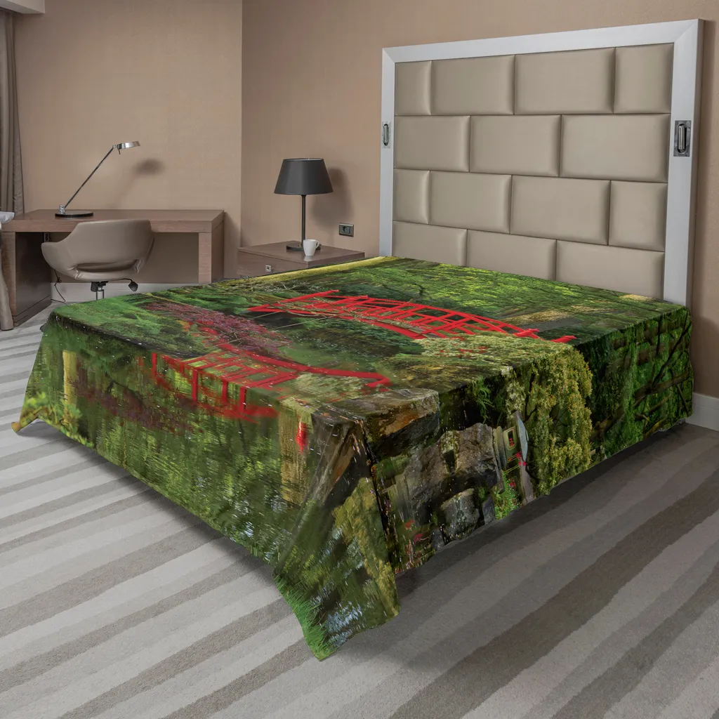 Drap de lit pour décoration zen Pont Chinois et Forêt 260x228 cm Vert