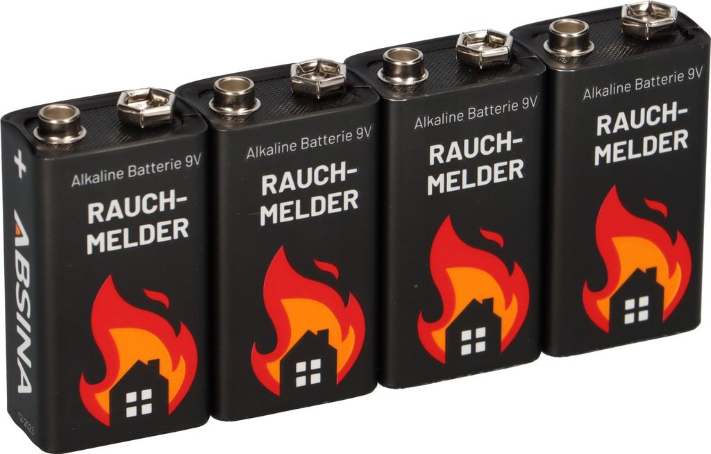 ABSINA 4x Rauchmelder Batterie 9V Block - Alkaline Batterien auslaufsicher für Feuermelder, Bewegungsmelder & Kohlenmonoxid