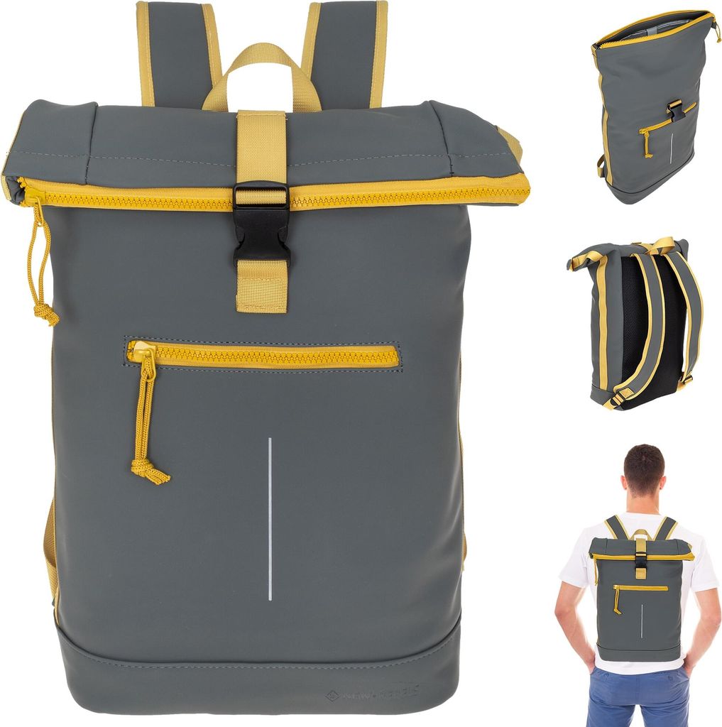 Rucksack Kurierrucksack New Rebels Tim XL A4 Laptopfach Roll-Top Daypack 511289 38 Oliv Grün + bagboom Flasche