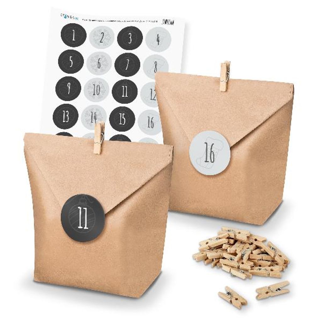 Adventskalender Set 13 Geschenktüten + Klammern + Sticker