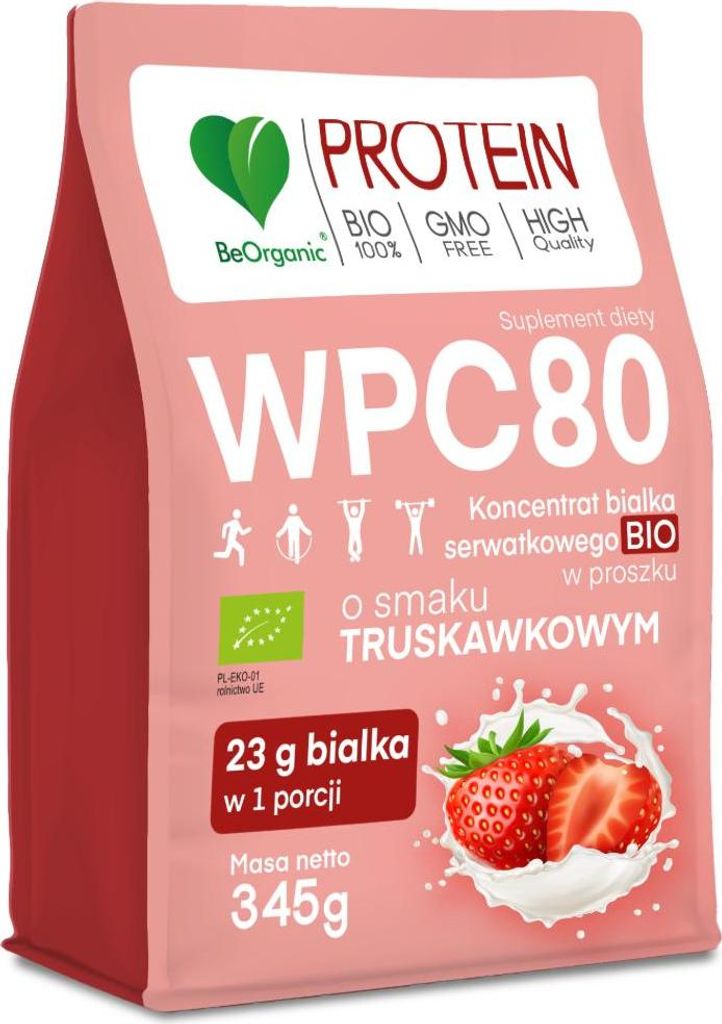 MOLKENPROTEIN MIT ERDBEERGESCHMACK (WPC 80-KONZENTRAT) OHNE ZUCKERZUSATZ 345 g – BE ORGANIC