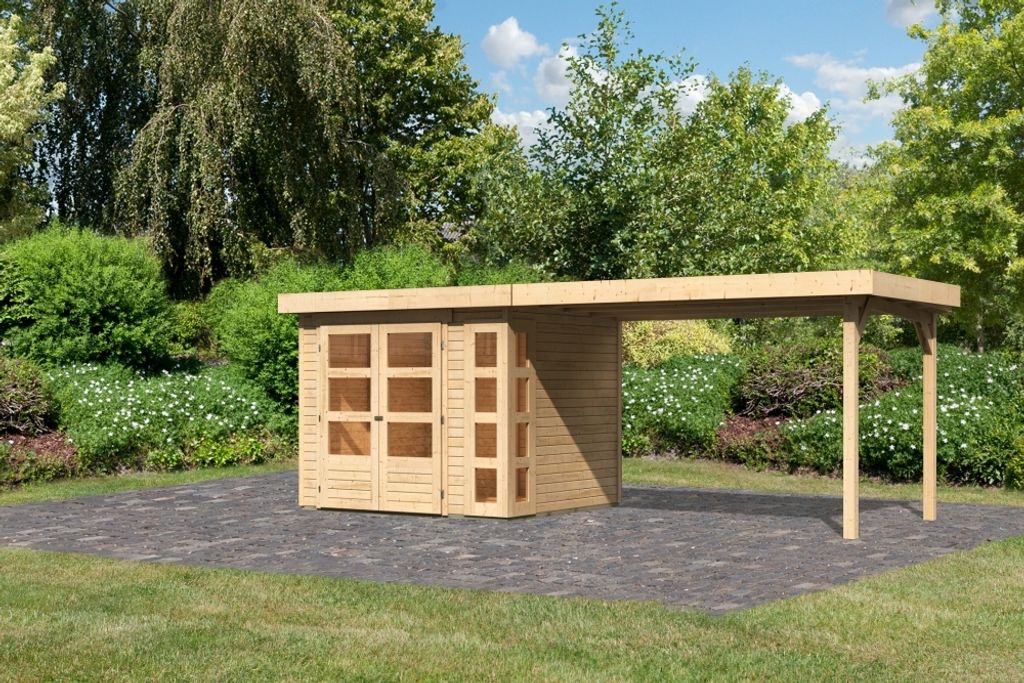Karibu Gartenhaus Gerätehaus Kerko 3 im Set mit Anbaudach 2,80 m Breite naturbelassen 497x217x211 cm