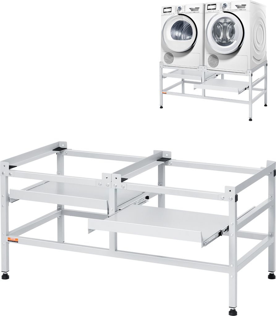 A product shot of a washing machine stand with two washing machines on top, and a separate shot of the stand alone.