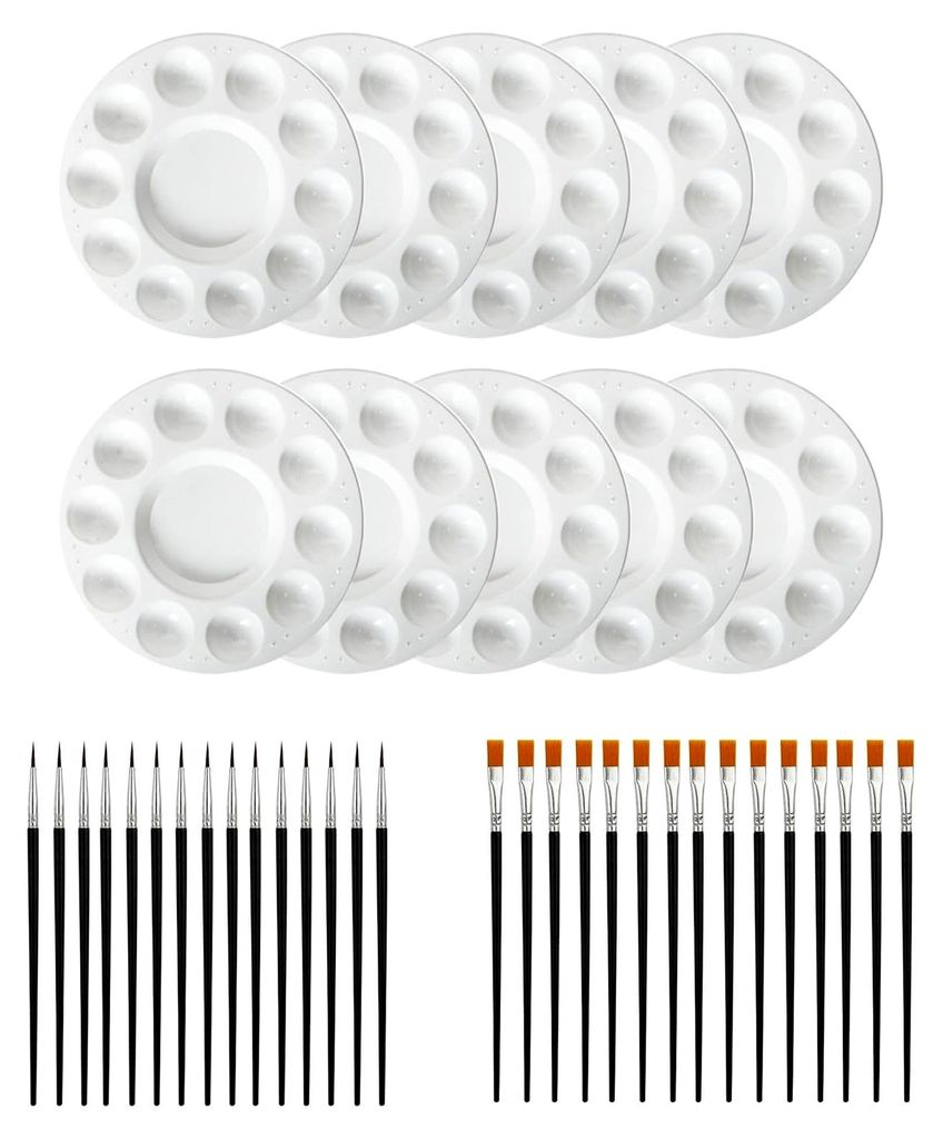 Mischpalette Set mit 10 Löchern zum Mischen für Aquarell, Acryl und Öl, wiederverwendbare Kunststoffpaletten und 30 Nylonpinseln, Weiß