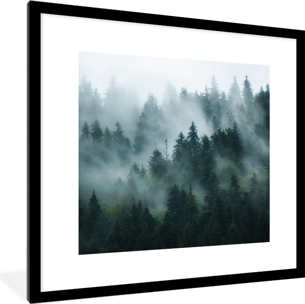MuchoWow Gerahmtes Poster Nebel - Bäume - Wald 40x40 cm - Poster mit Schwarzem Bilderrahmen Wandposter Rahmen Foto Bilder - Poster - Plakat im R...