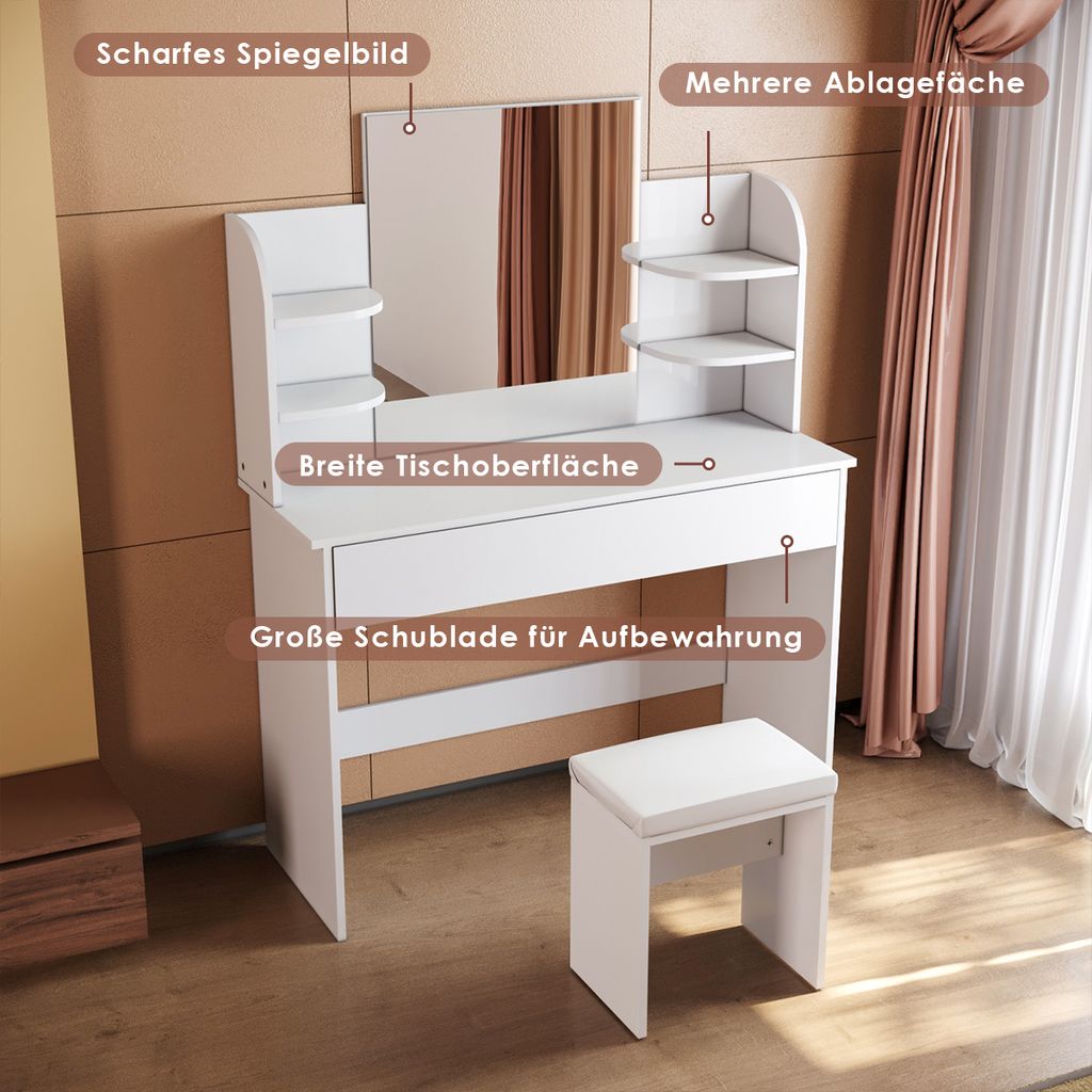 SONNI Schminktisch Weiß 108×40×140 cm  mit Spiegel und Produktbild 