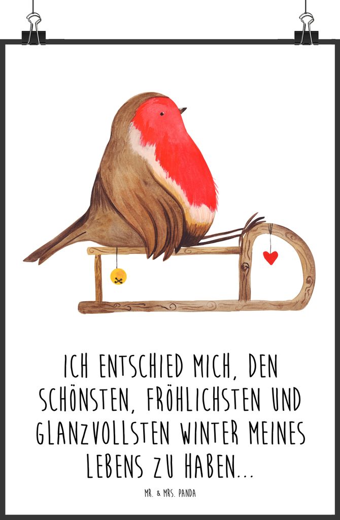 Mr. & Mrs. Panda Bild Rotkehlchen Schlitten DIN A0 - Weiß - Geschenk, Weihnachten, drucke, kunstdruck poster, Posterdruck, wanddeko, Vogel