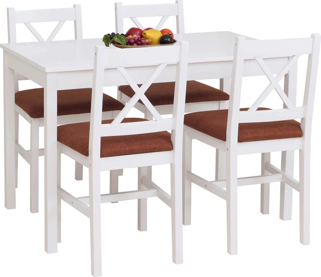 Esszimmer-Set HWC-F77, Sitzgruppe Esszimmergruppe, Massiv-Holz Kiefer Stoff Landhaus 110cm weiß Polster terrakotta