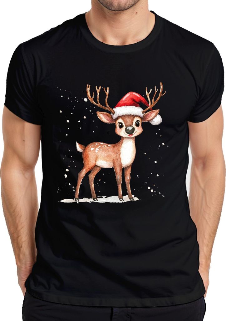 Weihnachtsrentier Niedliches Aquarell Kinder Geschenk Winter Süß Herren T-Shirt, Schwarz, 3XL