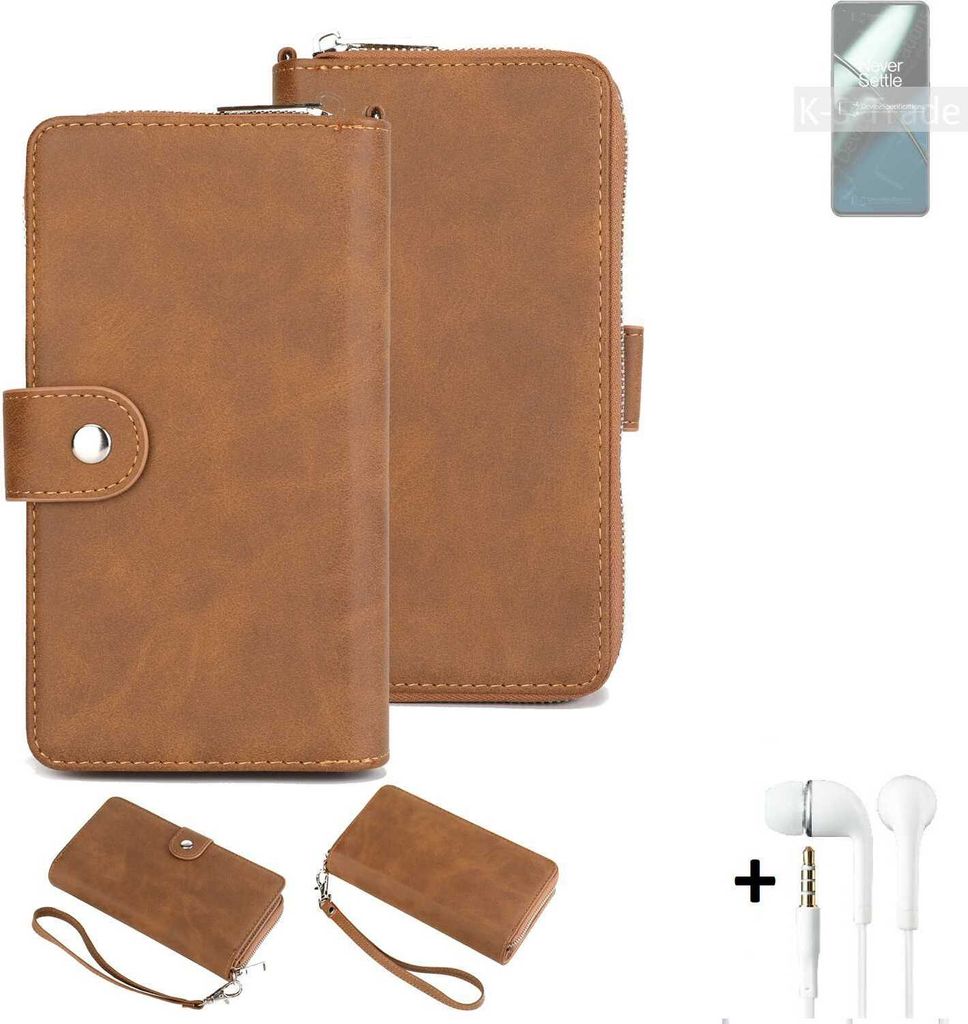 K-S-Trade Handy Schutz Hülle kompatibel mit OnePlus 11 + Kopfhörer Portemonnee Tasche Wallet-Case Bookstyle-Etui braun (1x)