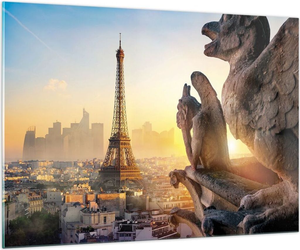Bilder auf glas - Einteilig - Wasserspeier Turm Eiffel - 100x70cm - Glasbilder - Wandbilder - Bilder - zum Aufhängen bereit - Wanddekoration aus G...