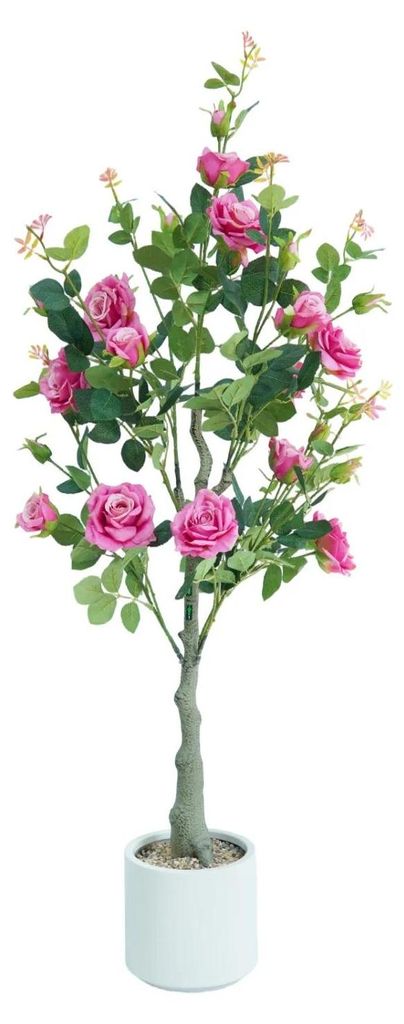 Künstlicher Rosenbaum - 120 cm Kunstblumen Pflanze im Topf - Blühende Bodenpflanze für Wohnraum Deko - Rosenrot - 1 Stück