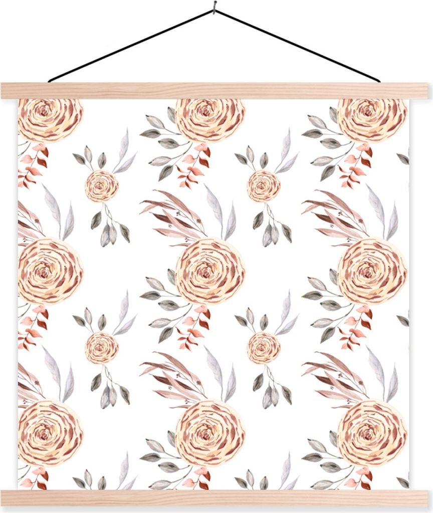 MuchoWow Textilposter Rosen - Gold - Weiß 120x120 cm mit holzfarbenen Rahmen - Textil-Poster