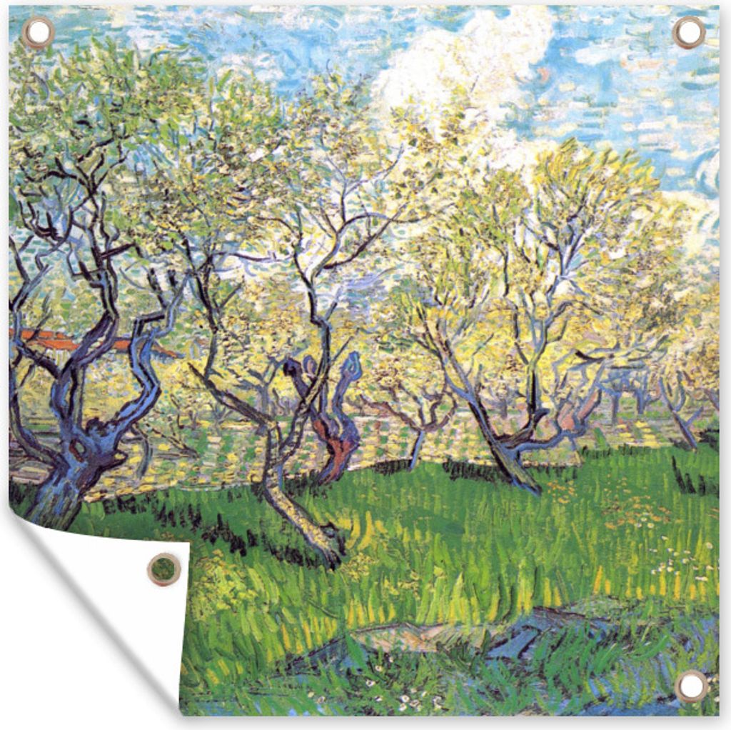 MuchoWow 50x50 cm Outdoor-Poster Gartendeko Sichtschutz Garten Poster für den Garten Obstgarten mit blühenden Pflaumen - Gemälde von Vincent ...