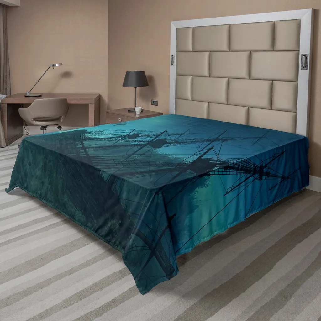 Drap de lit décoratif bleu-gris 244x205 cm avec imprimé marin épave