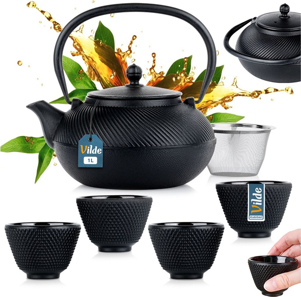 Vilde Teekanne Teekessel mit Teesieb und Teeschalen aus Gusseisen emailliert CAST LINE 1 L 60 ml 6-tlg.